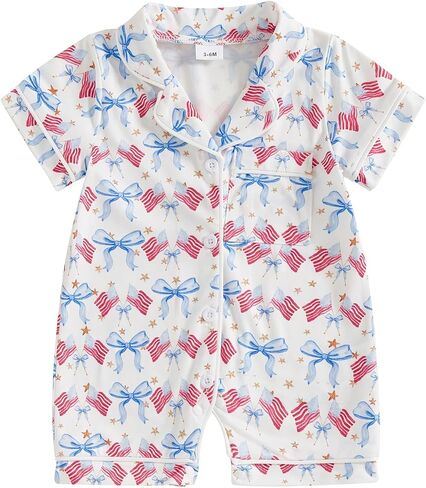 Multitrust Baby Girl 4th of July Pajamas Romper American Flag Short Sleeve Button Up Pjs Shorts Independence Day Jumpsuit in Saudi Arabia