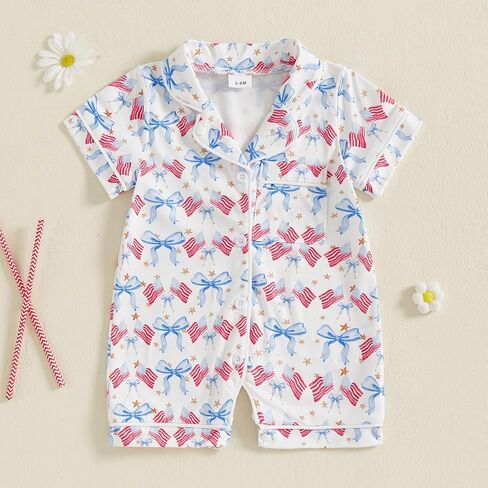 Multitrust Baby Girl 4th of July Pajamas Romper American Flag Short Sleeve Button Up Pjs Shorts Independence Day Jumpsuit in Saudi Arabia