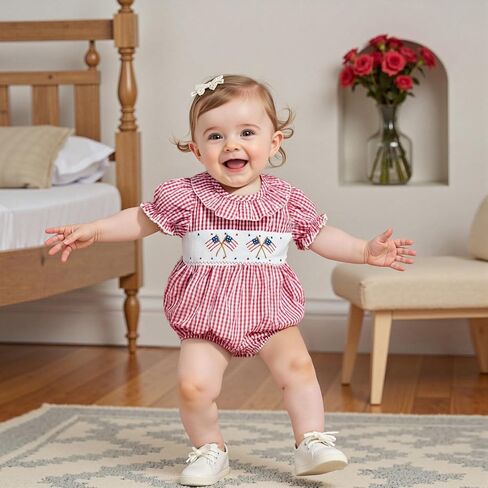 My First 4th Of July Baby Girl Outfit Newborn Smocked Bubble Romper Ruffle Collar Bodysuit Fourth Of July Clothes in Saudi Arabia