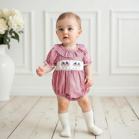 My First 4th Of July Baby Girl Outfit Newborn Smocked Bubble Romper Ruffle Collar Bodysuit Fourth Of July Clothes in Saudi Arabia