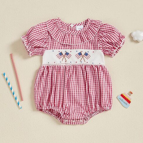My First 4th Of July Baby Girl Outfit Newborn Smocked Bubble Romper Ruffle Collar Bodysuit Fourth Of July Clothes in Saudi Arabia