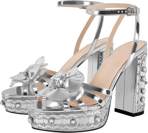 Women's Platform Block High Heels Ankle Buckle Diamond Studded Heeled Sandals Flower Chunky Heel in Saudi Arabia