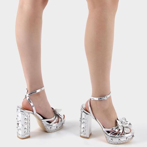 Women's Platform Block High Heels Ankle Buckle Diamond Studded Heeled Sandals Flower Chunky Heel in Saudi Arabia