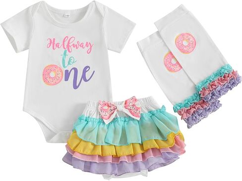 Baby Girl Half Birthday Outfit Half Way to One Birthday Romper Bodysuit Tutu Skirt Leg Warmers Set in Saudi Arabia