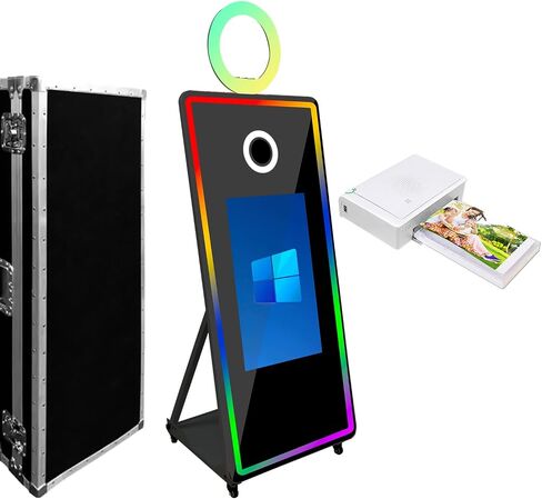 65-inch Mirror Photo Booth,32-inch Touch Screen Magic Mirror,Selfie Camera Kiosk Machine,RGB Loop Light Frame,Portable Wedding Party Event,Flight Case (Black, 65''/32''Screen+mini Printer) in Saudi Arabia