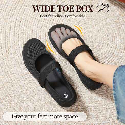 Waluzs Wide Toe Box Flats أحذية نساء متماسكة باليه فستان ماري جين فستان شقة عرض عرضة أحذية المشي مع حزام in Kuwait