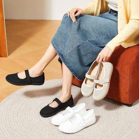 Waluzs Wide Toe Box Flats أحذية نساء متماسكة باليه فستان ماري جين فستان شقة عرض عرضة أحذية المشي مع حزام in Kuwait
