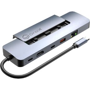 DroiX NH8 Hub with RJ45 Gigabit Ethernet, Multiple Display outputs (HDMI 2.0, USB Type-C) up to 4K@60Hz, PCIe NVMe Slot for Storage Expansion, and Compatibility with Diverse USB Type-C Devices.
