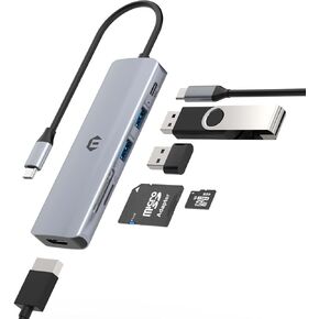 USB C Hub, TOTU 6-in-1 Hub, TOTU 6-Port USB-C Adapter Featuring 4K HDMI, Memory Cards, USB 3.0 & 100W Power Delivery for USB C laotops