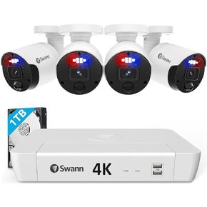 Swann Pro 4K Ultra HD, 8 Channel Security System, 1TB NVR, 4 Bullet PoE IP Cameras Outdoor, Wired Surveillance CCTV, Heat Motion Vehicle Detection, LED Light, 24/7 Recording Security Camera, 88980W4