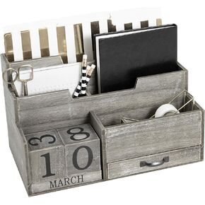 BLU MONACO Wooden Mail Organizer Desktop with Block Calendar - Mail Sorter Countertop Organizer - Desk Decorations for Women Office (Dark Wood)