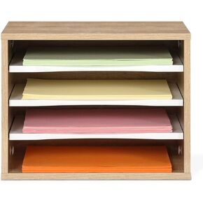 FITUEYES Wood Desk Paper Organizer with 4 Tiers Storage, Desktop File Holder, Document Letter Sorter Tray with Adjustable Shelves, Home Office Wooden Mail Rack, Black