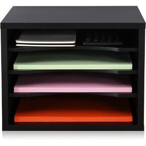 FITUEYES Wood Desk Paper Organizer with 4 Tiers Storage, Desktop File Holder, Document Letter Sorter Tray with Adjustable Shelves, Home Office Wooden Mail Rack, Black
