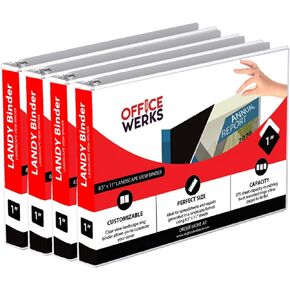 4 Pack of 8.5" X 11" Landscape View Binder, 3-Ring Binder 1-Inch Capacity Round Ring, White Horizontal Formatted Binder with Clear Cover Pockets, Perfect for Documents, Spreadsheets, Projects and More