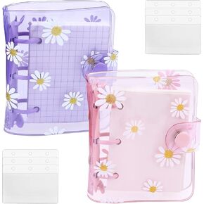 2 Sets Mini Transparent 3 Ring Binder Covers with Daisy Pattern Binder Inner Paper and Pockets Clear Soft PVC Notebook Loose Leaf Binder with Snap Button for Diary Journal