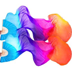 Jetec (Left + Right) Women Belly Dance Fan Veil Long Silk Fan