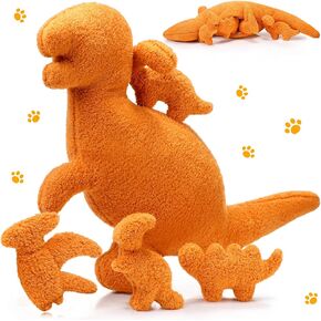5 Pcs Dinosaur Nugget Plush Pillow Set, 16 Inch Large Chicken Nugget Plush with 4 Dino Plush Toys Soft Dinosaur Chicken Nuggets Pillow for Girls Boys Birthday Dinosaur Theme Party