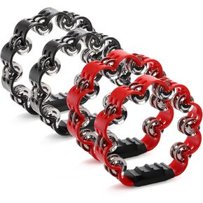 Okllen 4 Pack Double Row Hand Held Percussion Tambourine, Metal Jingles Handled Tambourine Bells Music Instrument for Adult, Tambourine Lover, Christmas Gift, Red&Black