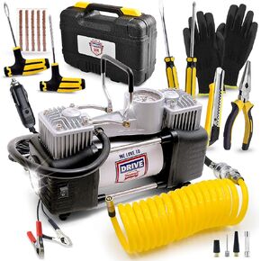 Portable Air Compressor Tire Inflator with Tire Repair Kit - 12V DC Air Pump for Car Tires with 150 PSI Gauge & Car Emergency Kit, Carry Case, Adaptors, Car Plug & Tire Patch Kit by WE LOVE TO DRIVE