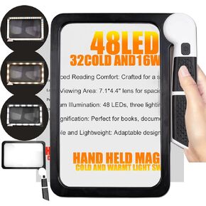 Magnifying Glass with Light - 5X Full Page Magnifier for Reading, 48 LED Lights with Cold & Warm Modes - Lighted Magnifying Glass for Reading, Foldable Handheld Large Magnifiers for Seniors