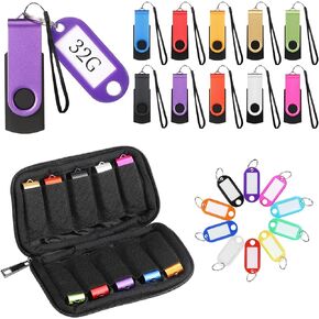 10 Pack Flash Drives with Lanyards, Key Tags and Storage Case Metal USB 2.0 Thumb Bulk Swivel Memory Colorful Portable Keychain Zip for Data (32GB)