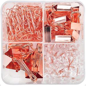 Binder Clips Paper Clips Push Pins Sets with Box for Office,School and Home Supplies (Rose Gold)