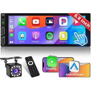 Upgrade Wireless Single Din Car Stereo with Apple Carplay Android Auto, Type-C & USB Port, Bluetooth 5.0, Mirror Link, 6.9" HD Touchscreen Car Radio, Backup Camera, Mic, Audio Receiver