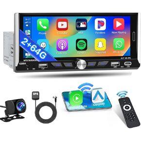 Android 13 Single DIN Car Stereo 6.9" HD Touchscreen Wireless Apple Carplay&Android Auto 2+64G Bluetooth/Mirror Link/GPS/WiFi/FM/RDS Type-C/Triple USB/TF Rear View Camera/SWC/MIC/1080P DVR Supported