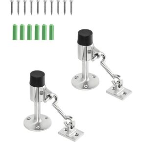 JUZHEN 2 PCS Stainless Steel Door Stopper with Hook, Heavy Duty Contemporary Safety Doorstops with Sound Dampening Rubber Bumper, Wall Mount Door Holder with Hardware 3-1/2 Inch