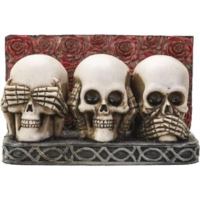Pacific Trading Company Skull Business Card Holder for Desk, Hand Painted See Hear Speak No Evil Gothic Desktop Name Cards Display Organizer, 3 3/4 inchL x 2 1/8 inchH