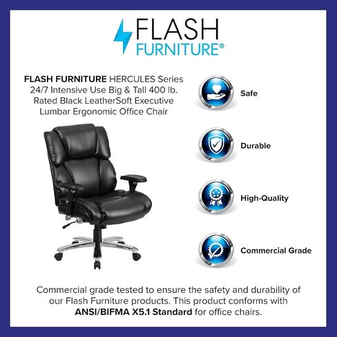 Flash Furniture HERCULES Series 24/7 الاستخدام المكثف كبير وطويل 400 رطل. كرسي مكتب مريح تنفيذي من الجلد الناعم باللون الأسود in Kuwait