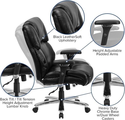 Flash Furniture HERCULES Series 24/7 الاستخدام المكثف كبير وطويل 400 رطل. كرسي مكتب مريح تنفيذي من الجلد الناعم باللون الأسود in Kuwait