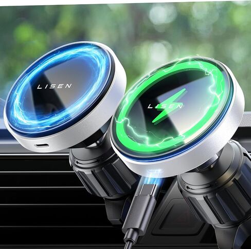 LISEN Wireess Car Charger Vent Phone Holder 15W Magsafe Car Mount Charger Vent Phone Mount for Car Accessories for iPhone 15 Pro Max Plus, Univesal Phone Holder for Car Fits iPhone 14 13 12, Silver in Saudi Arabia