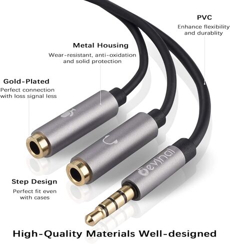 مقسم سماعة رأس ديفينال، مقسم ميكروفون سماعة الرأس، مقسم صوت trrs مقاس 3.5 مم، 1/8 بوصة 4 أقطاب ذكر إلى 2 موصل محول سلك محول أنثى مزدوج 2 حزمة in Kuwait