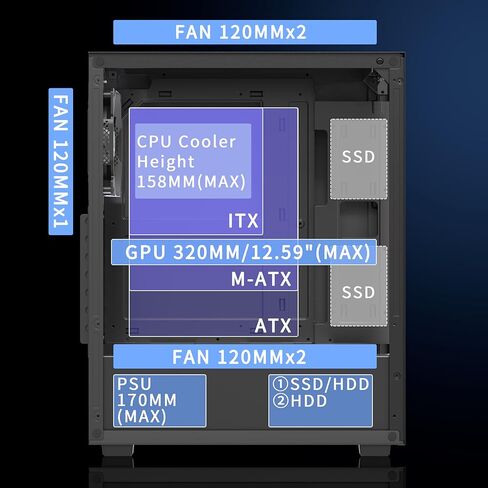 حافظة كمبيوتر ATX، حافظة كمبيوتر ألعاب من الزجاج المقوى، حافظة ATX بتصميم لوحة متكاملة، مروحة 1 × 120 مم مثبتة مسبقًا، حقيبة كمبيوتر مع USB 3.0، أسود، 625 فولت in Kuwait