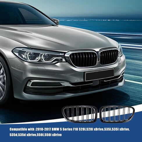 شبكة F10، شبكة شبكية أمامية متوافقة مع BMW 2010-2017 5 Series F10 F11 M5 (شوايات ABS مزدوجة الشرائح باللون الأسود اللامع، قطعتان) in Kuwait