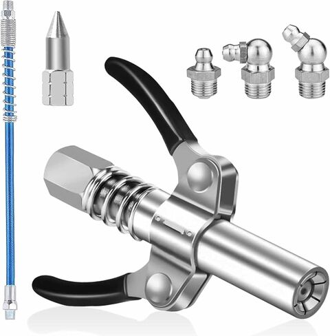 Grease Gun Coupler Kit, Strong Lock on Greases Gun Couplers with 12" Spring Flex Hose, 3 Pieces Grease Fitting, 1 Pieces Grease Sharp Type Nozzle, Quick Release Grease Coupler Accessories in Kuwait