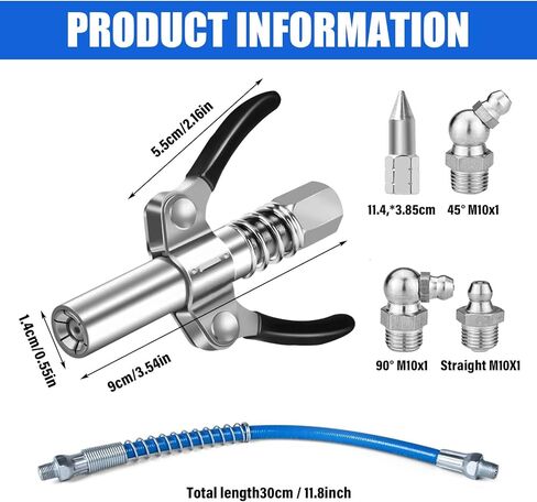 Grease Gun Coupler Kit, Strong Lock on Greases Gun Couplers with 12" Spring Flex Hose, 3 Pieces Grease Fitting, 1 Pieces Grease Sharp Type Nozzle, Quick Release Grease Coupler Accessories in Kuwait