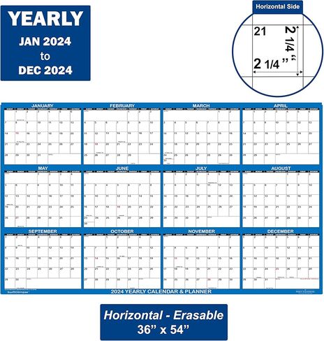 تقويم حائط SwiftGlimpse 2024 مقاس 36 بوصة × 54 بوصة قابل للمسح كبير رطب وجاف ومغلف مخطط حائط سنوي سنوي لمدة 12 شهرًا، أفقي، كحلي in Kuwait