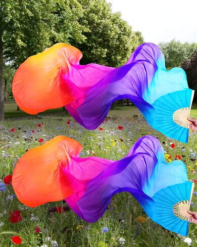 Jetec (Left + Right) Women Belly Dance Fan Veil Long Silk Fan in Saudi Arabia