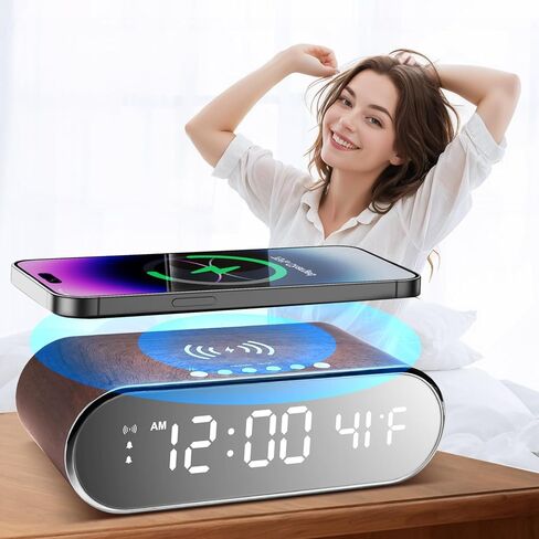 Alarm Clock with Wireless Charging 15W Fast, Alarm Clocks for Bedrooms 0-100% Dimmer, Dual Alarm Digital Clock Temperature&Date Display Wooden Clock Alarm Clock for Heavy Sleepers Adults Bedside Clock in Saudi Arabia