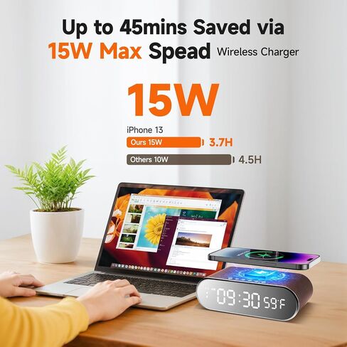 Alarm Clock with Wireless Charging 15W Fast, Alarm Clocks for Bedrooms 0-100% Dimmer, Dual Alarm Digital Clock Temperature&Date Display Wooden Clock Alarm Clock for Heavy Sleepers Adults Bedside Clock in Saudi Arabia