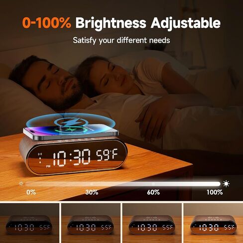 Alarm Clock with Wireless Charging 15W Fast, Alarm Clocks for Bedrooms 0-100% Dimmer, Dual Alarm Digital Clock Temperature&Date Display Wooden Clock Alarm Clock for Heavy Sleepers Adults Bedside Clock in Saudi Arabia