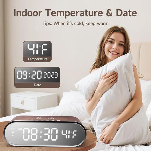 Alarm Clock with Wireless Charging 15W Fast, Alarm Clocks for Bedrooms 0-100% Dimmer, Dual Alarm Digital Clock Temperature&Date Display Wooden Clock Alarm Clock for Heavy Sleepers Adults Bedside Clock in Saudi Arabia