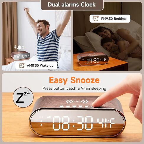 Alarm Clock with Wireless Charging 15W Fast, Alarm Clocks for Bedrooms 0-100% Dimmer, Dual Alarm Digital Clock Temperature&Date Display Wooden Clock Alarm Clock for Heavy Sleepers Adults Bedside Clock in Saudi Arabia