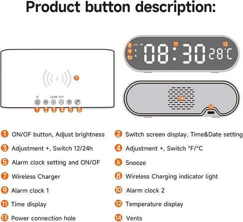 Alarm Clock with Wireless Charging 15W Fast, Alarm Clocks for Bedrooms 0-100% Dimmer, Dual Alarm Digital Clock Temperature&Date Display Wooden Clock Alarm Clock for Heavy Sleepers Adults Bedside Clock in Saudi Arabia