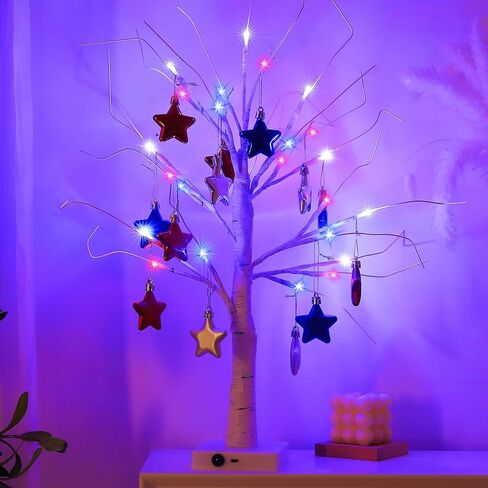 2 حزمة 24 بوصة 4 يوليو الزينة مضاءة شجرة البتولا، USB ومؤقت وبطارية تعمل تضيء شجرة اصطناعية للزينة الرابع من يوليو، ديكورات يوم الاستقلال، ديكورات يوم الذكرى in Kuwait