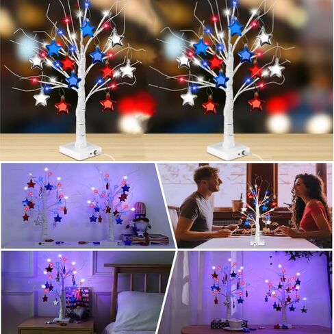 2 حزمة 24 بوصة 4 يوليو الزينة مضاءة شجرة البتولا، USB ومؤقت وبطارية تعمل تضيء شجرة اصطناعية للزينة الرابع من يوليو، ديكورات يوم الاستقلال، ديكورات يوم الذكرى in Kuwait