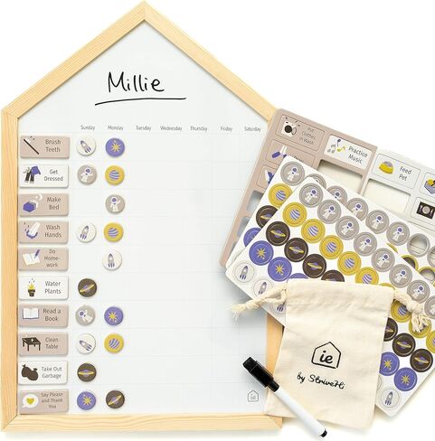 Magnetic Whiteboard Chore Chart for Kids Multiple Kids for Wall | Minimalistic Wood Framed Kids Chore Chart | Modern Chore Magnets for Responsibility Chart for Kids | Reward Chart for Kids in Saudi Arabia