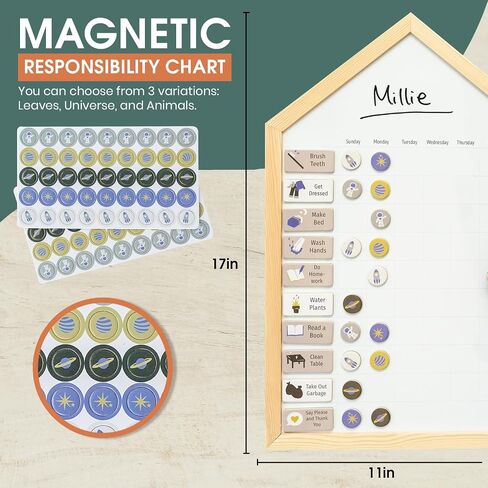 Magnetic Whiteboard Chore Chart for Kids Multiple Kids for Wall | Minimalistic Wood Framed Kids Chore Chart | Modern Chore Magnets for Responsibility Chart for Kids | Reward Chart for Kids in Saudi Arabia